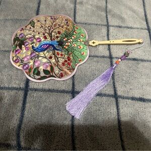 Embroidered Peacock Hand Fan with Tassel